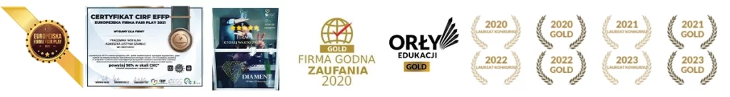 Certyfikaty dla firmy Szumilo Art Forum - Firma Godna Zaufania, Orły Edukacji, CIRF, Diament